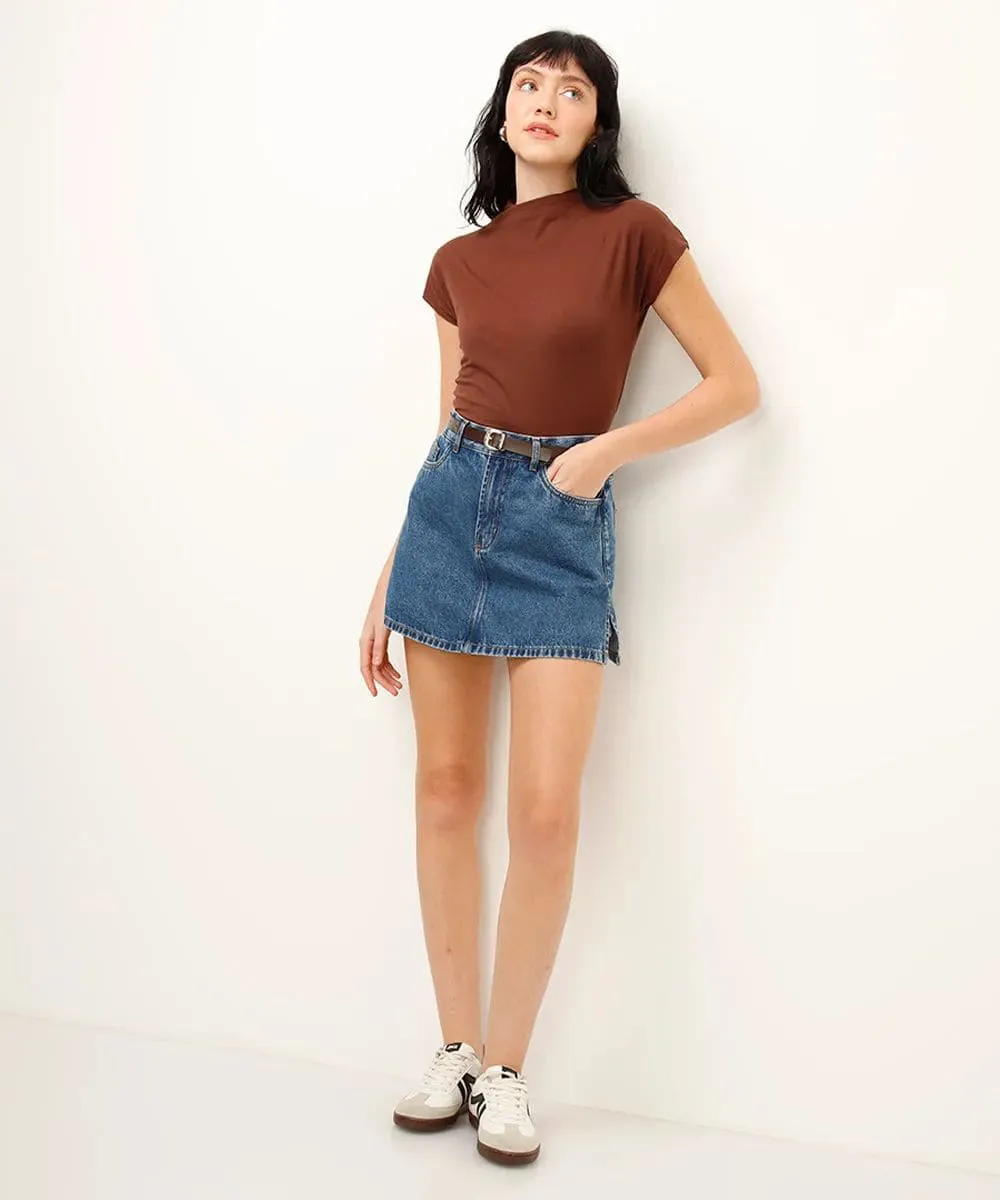 Short saia jeans com cinto azul 34